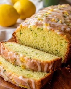 Close-up of moist lemon zucchini bread with glaze and fresh lemons in background.