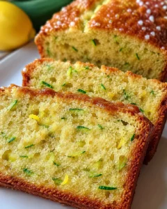 Close-up of moist, lemon zucchini bread slices with green zucchini bits.