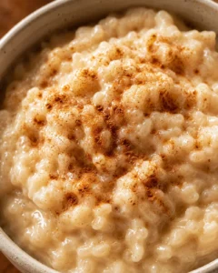 Creamy rice pudding garnished with cinnamon in a bowl, showcasing a low-calorie dessert.