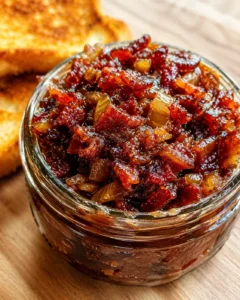Close-up of a jar filled with savory maple bacon jam topped with crispy bacon bits.