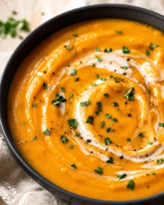 Creamy, vibrant orange soup topped with herbs and swirl of cream in a black bowl.