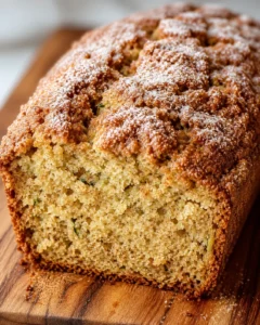 Close-up of a freshly baked, moist zucchini bread topped with cinnamon sugar.