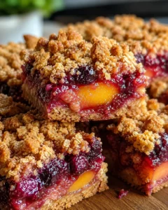 Juicy nectarine and blueberry crumble bars with a golden crumb topping, perfect for summer desserts.