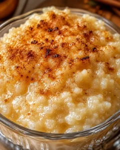 Creamy and comforting rice pudding with cinnamon and raisins in a glass bowl.