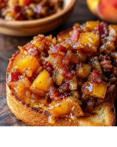Close-up of a toasted bread topped with sweet and savory peach bacon jam
