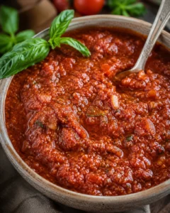Rich red wine pasta sauce simmering with herbs and tomatoes in a rustic bowl