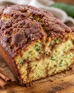 Close-up of moist snickerdoodle zucchini bread with cinnamon sugar swirl topping