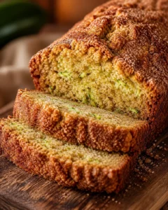 Close-up of moist, cinnamon-sugar topped zucchini bread with a slice cut out.