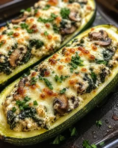 Baked zucchini boats filled with spinach, mushrooms, and ricotta cheese, topped with melted cheese.