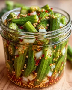 Close-up of spicy and tangy pickled okra in a jar.