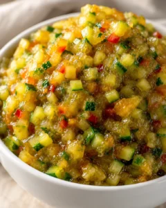 Close-up of vibrant, chunky sweet zucchini relish in a white bowl.