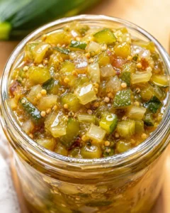 Close-up of homemade zucchini relish in a jar with vibrant colors