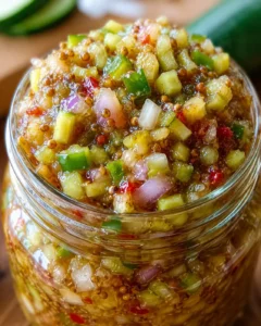 Close-up of homemade tangy zucchini relish in a glass jar, colorful and crunchy.