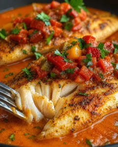 Delicious tilapia fillet topped with smoky roasted pepper sauce with herbs