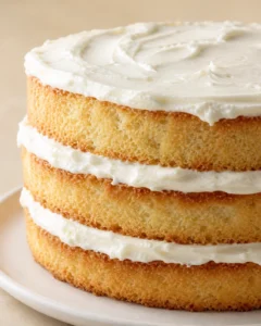 Close-up of a three-layer vanilla buttermilk cake with creamy frosting