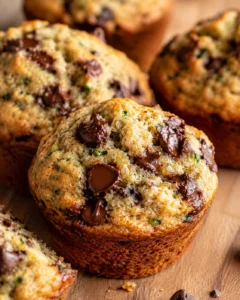 Close-up of moist zucchini chocolate chip muffins fresh from the oven
