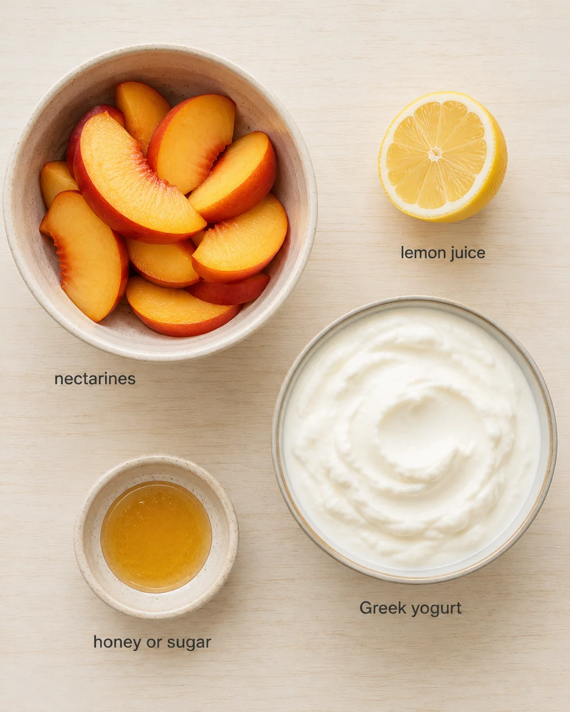Bowl of sliced nectarines next to Greek yogurt, lemon, and honey on a light wooden surface.
