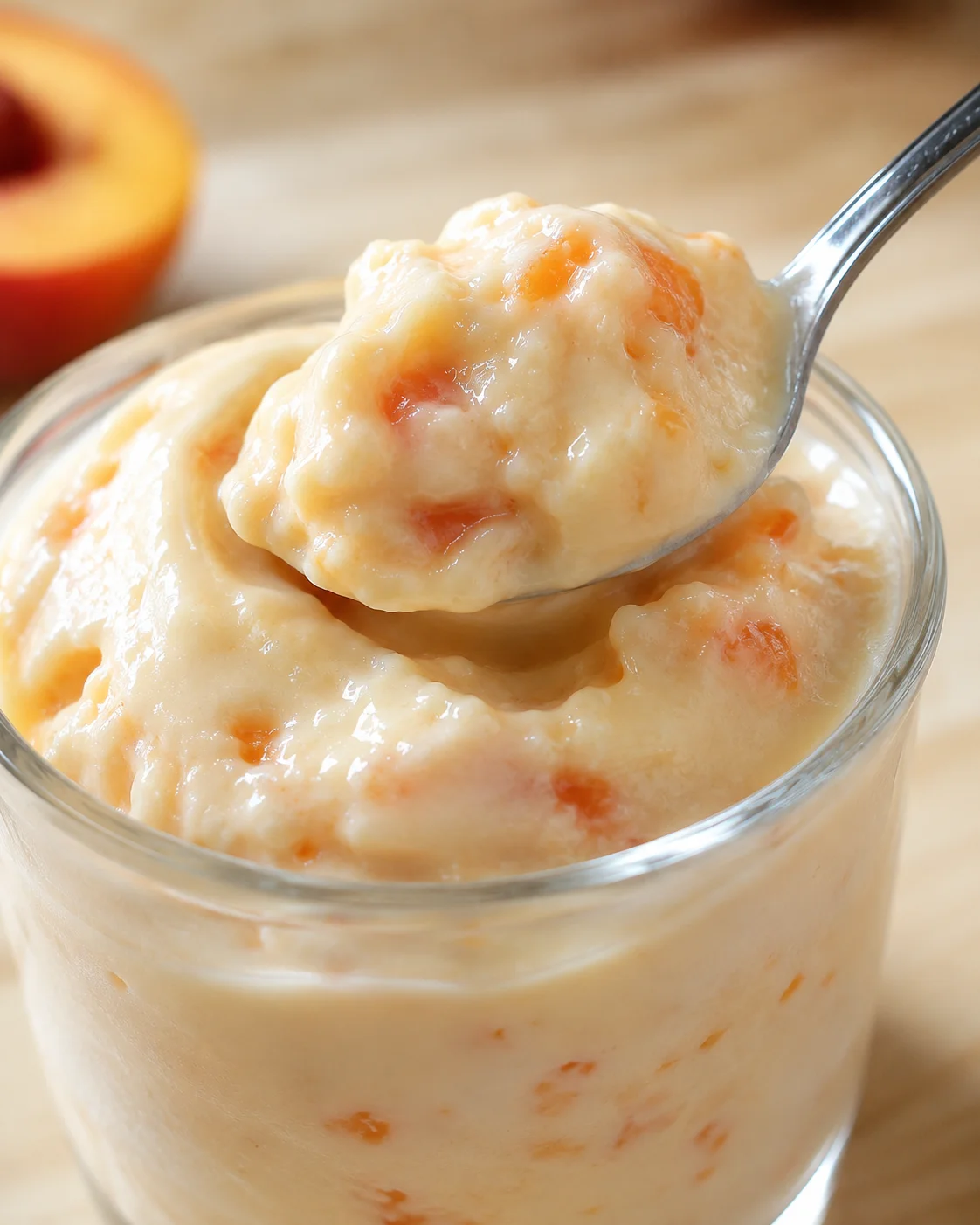 Close-up of creamy nectarine frozen yogurt in a glass jar with a spoon.