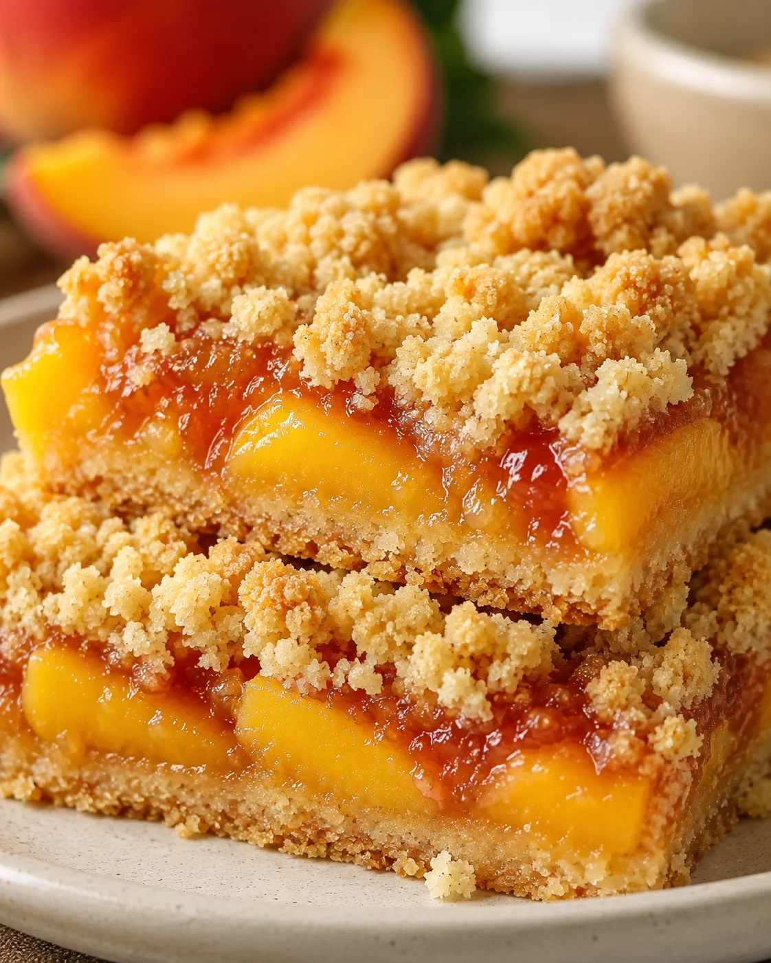 Close-up of fresh nectarine bars with crumbly topping and fruity filling