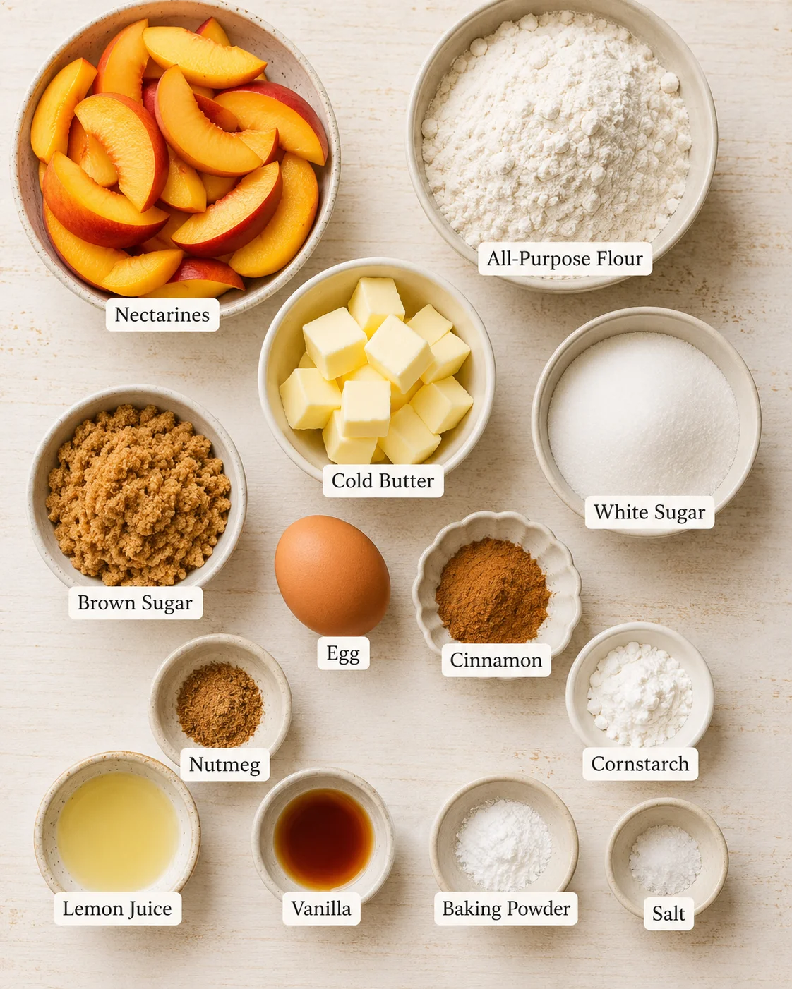 Ingredients for making classic nectarine bars displayed on a light wooden surface.