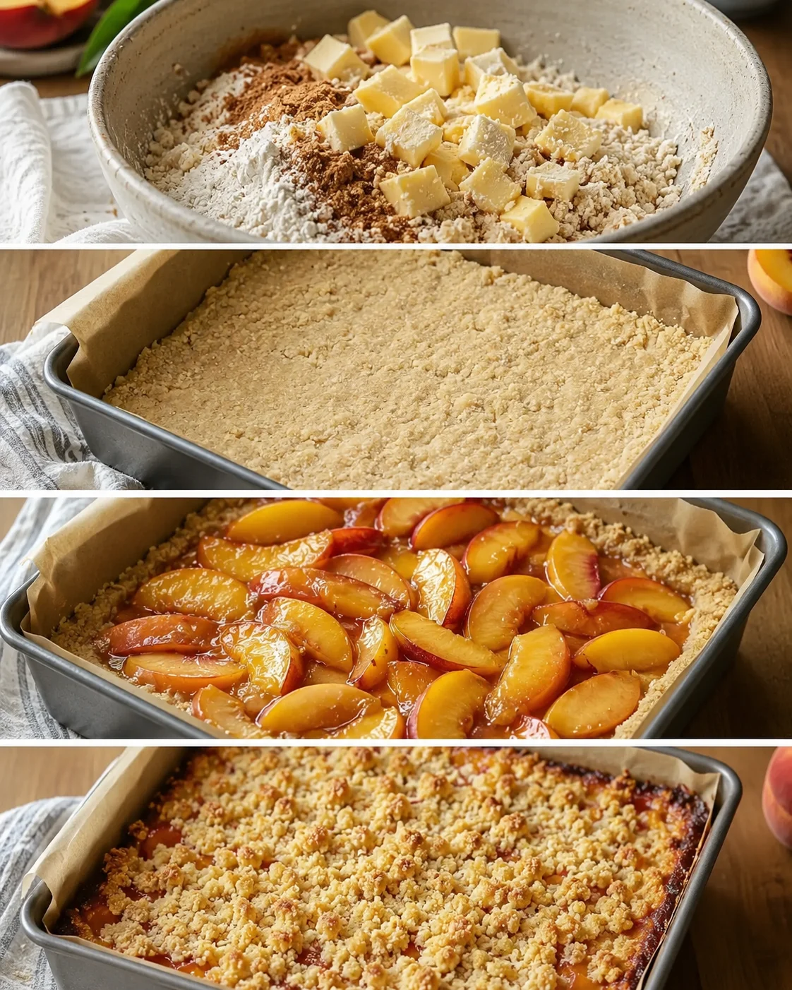 Steps showing the preparation of classic nectarine bars with crust and fruit filling.