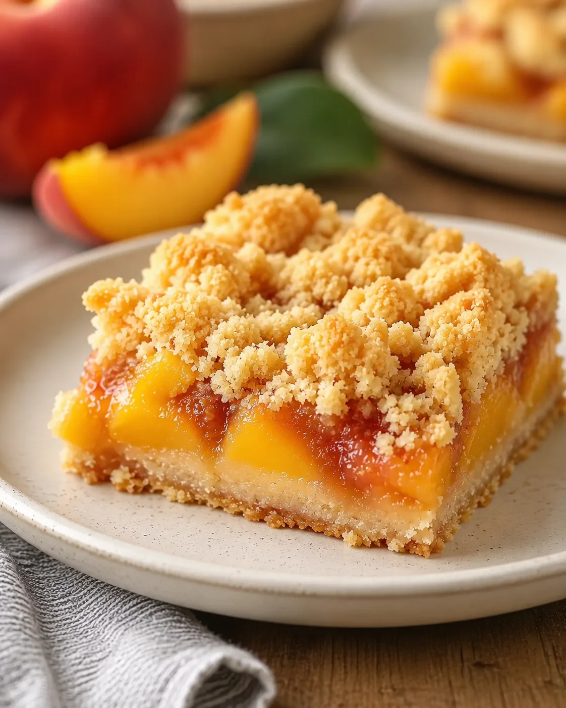 Close-up of buttery nectarine bars with crumbly topping on a white plate.