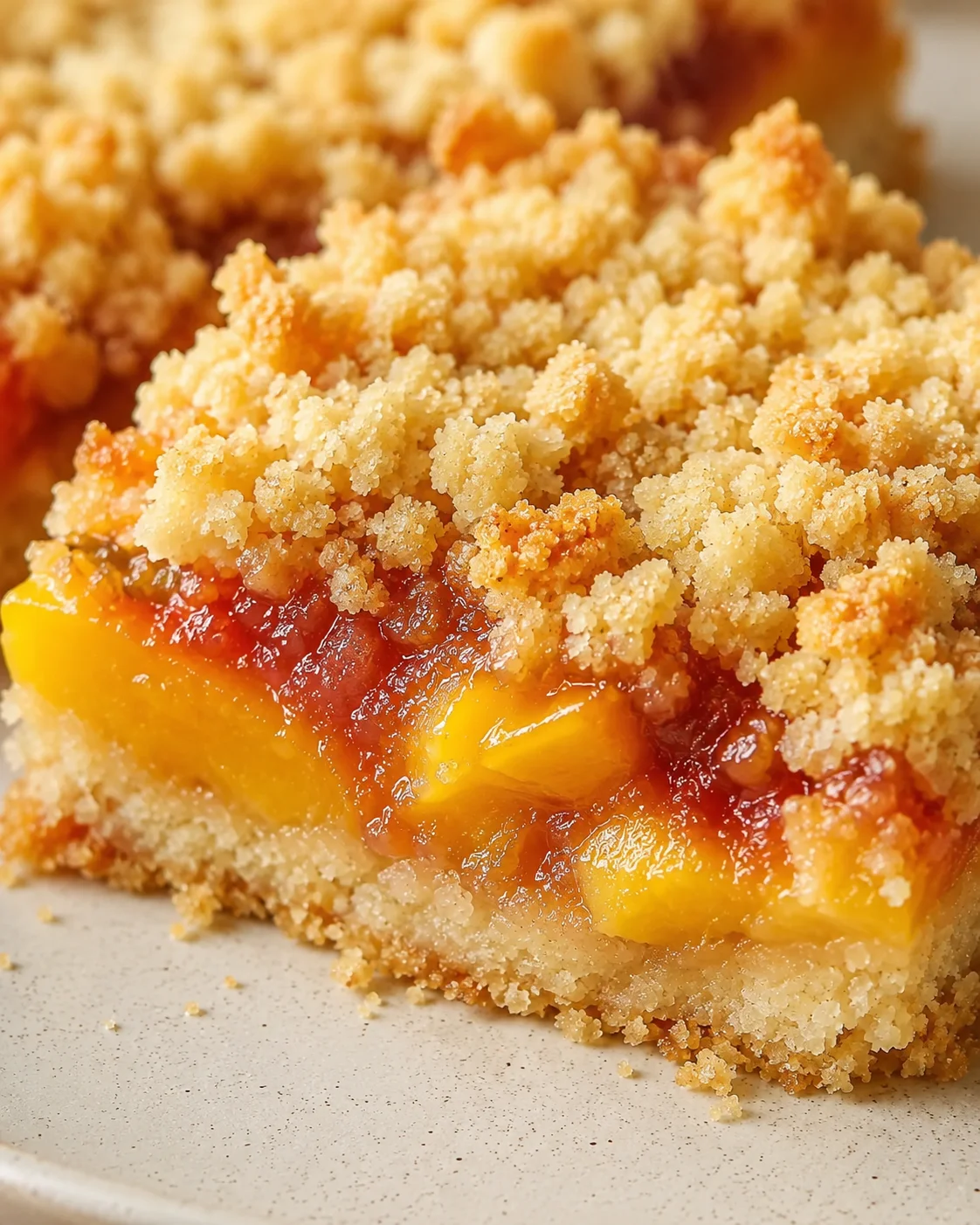 Close-up of juicy nectarine bars with a crumbly topping and buttery crust.