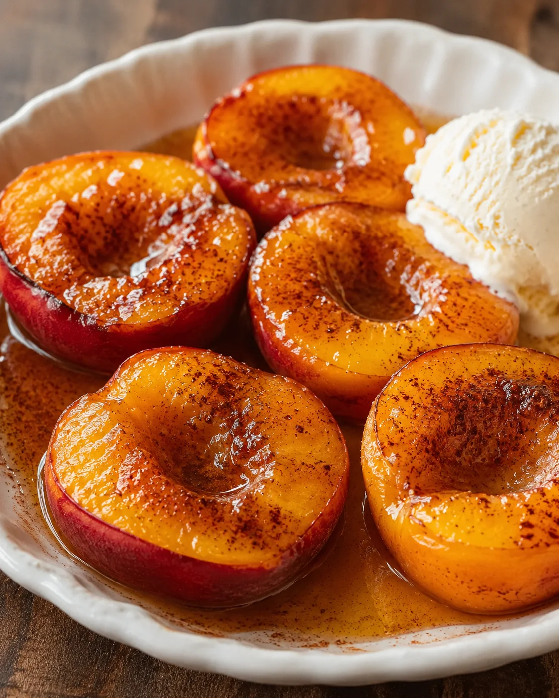 Close-up of baked nectarines drizzled with cinnamon honey sauce and a scoop of ice cream