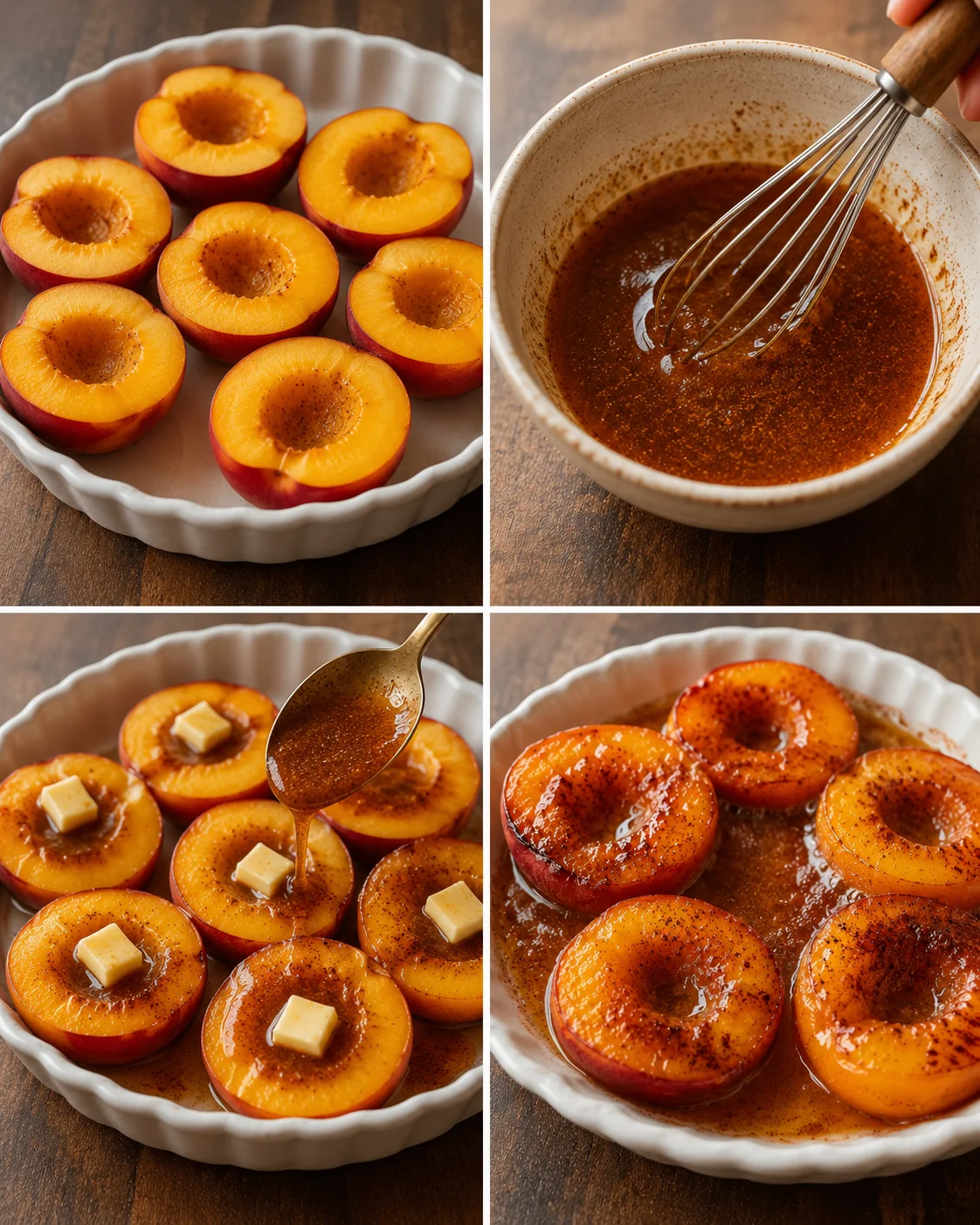 Baked nectarines topped with cinnamon honey sauce and served with butter squares