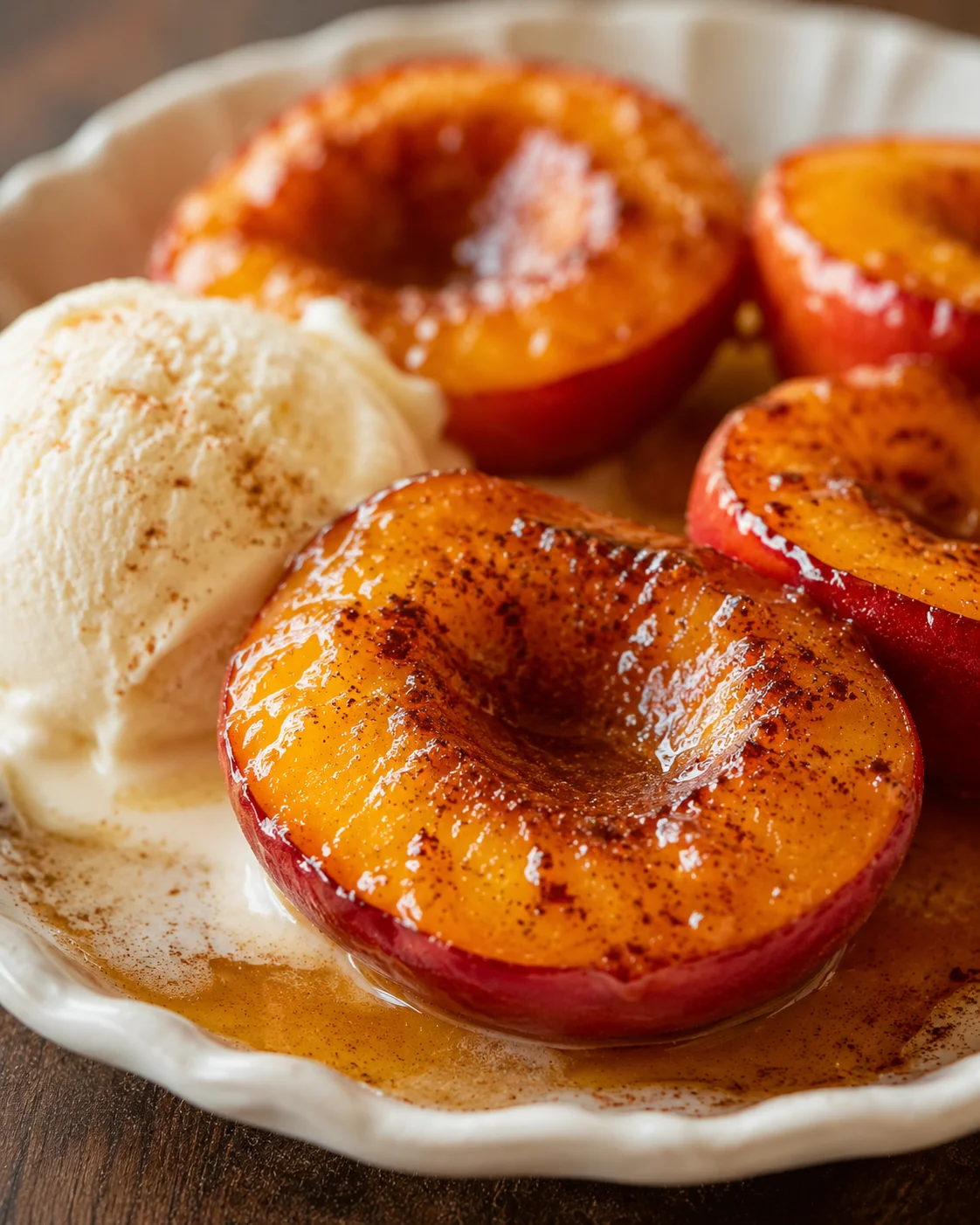 Served baked nectarines with cinnamon honey sauce and a scoop of vanilla ice cream.