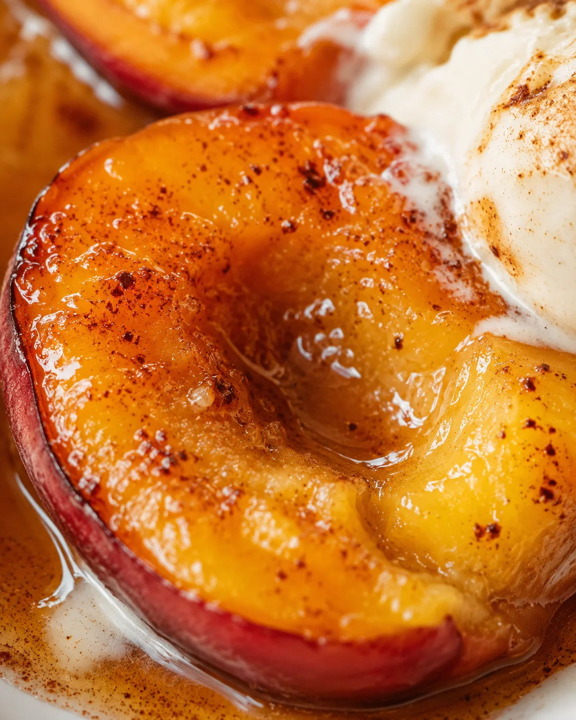Sweet baked nectarines drizzled with cinnamon honey sauce, served with ice cream.