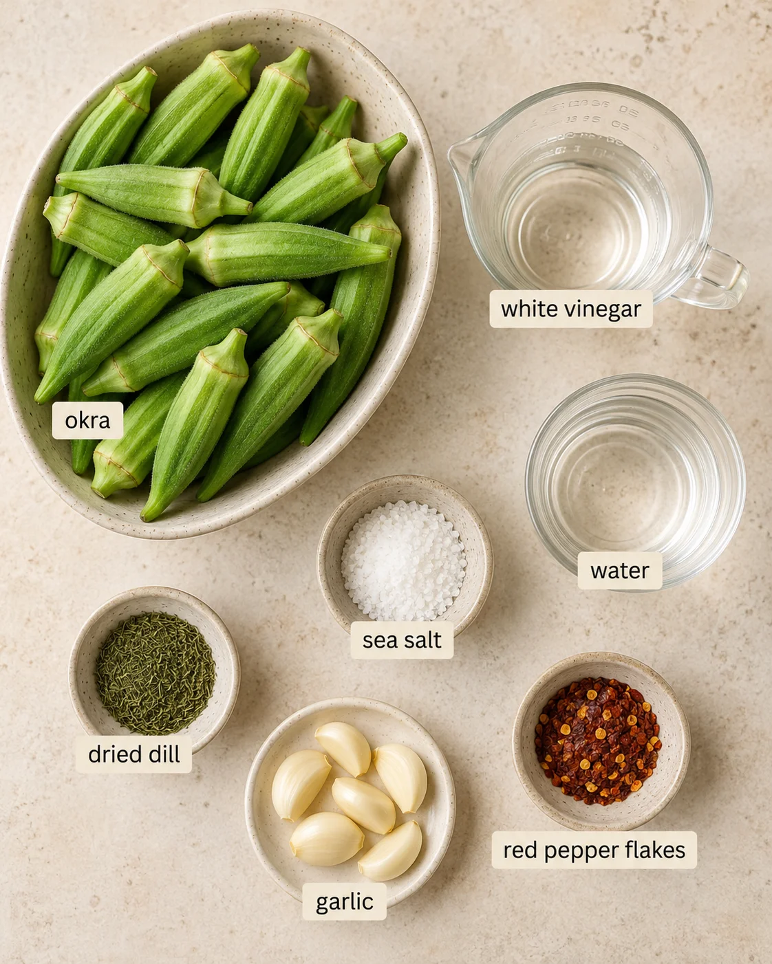 Green okra pods with pickling ingredients on a beige surface.