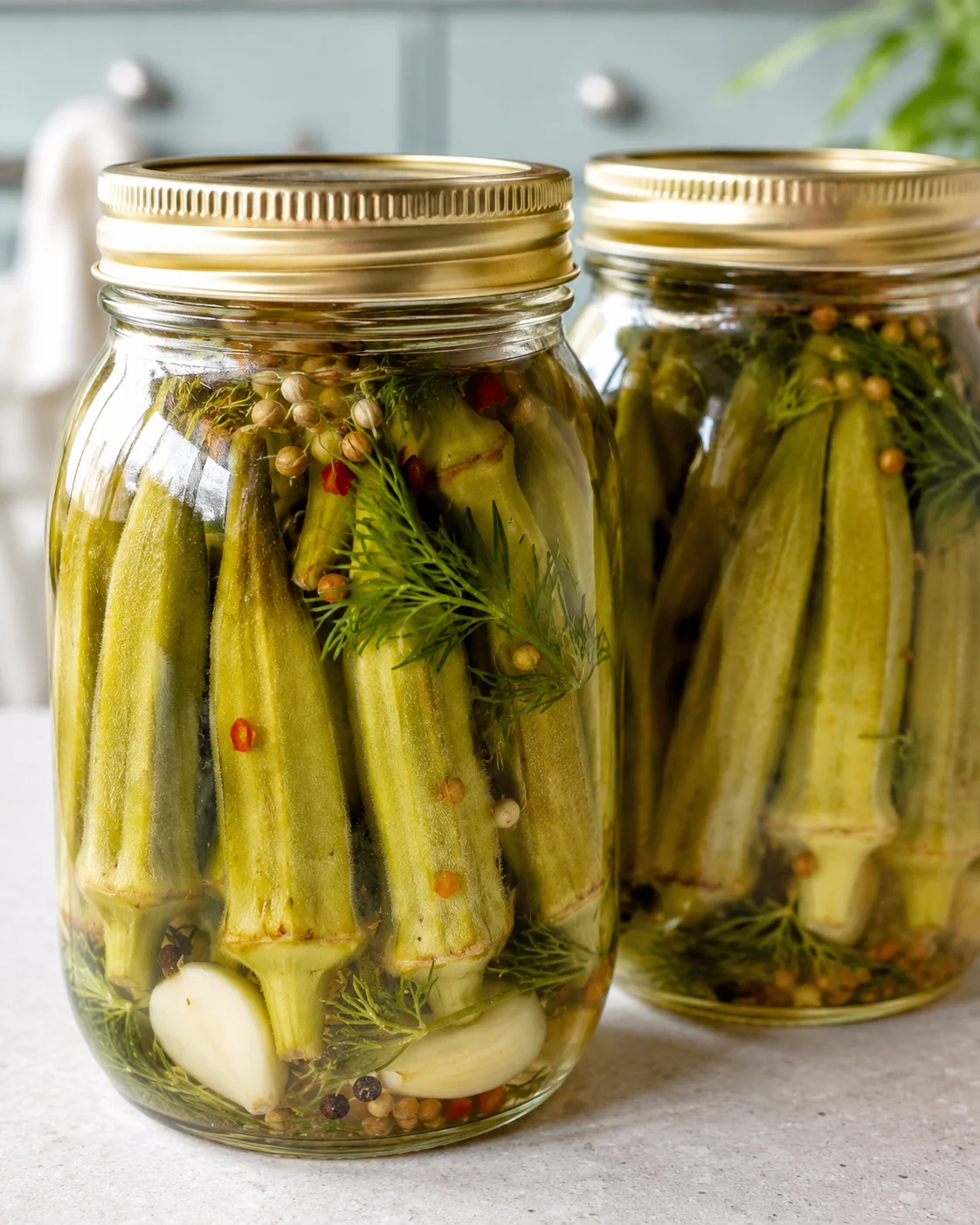 Fresh okra jars packed with spices and herbs ready for pickling and preserving.