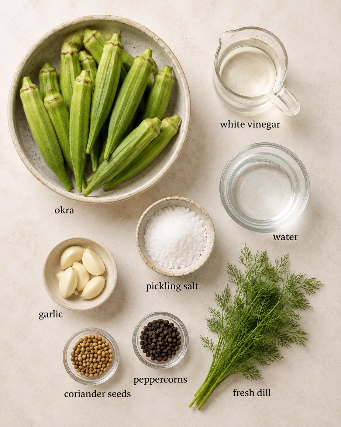 Fresh okra with garlic, dill, and spices for pickling on a neutral background.