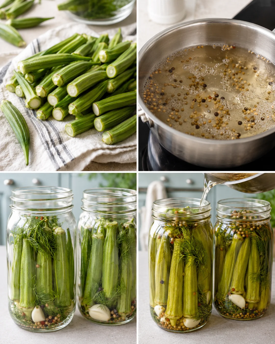 Fresh okra, brine, and jars for pickling and preserving.