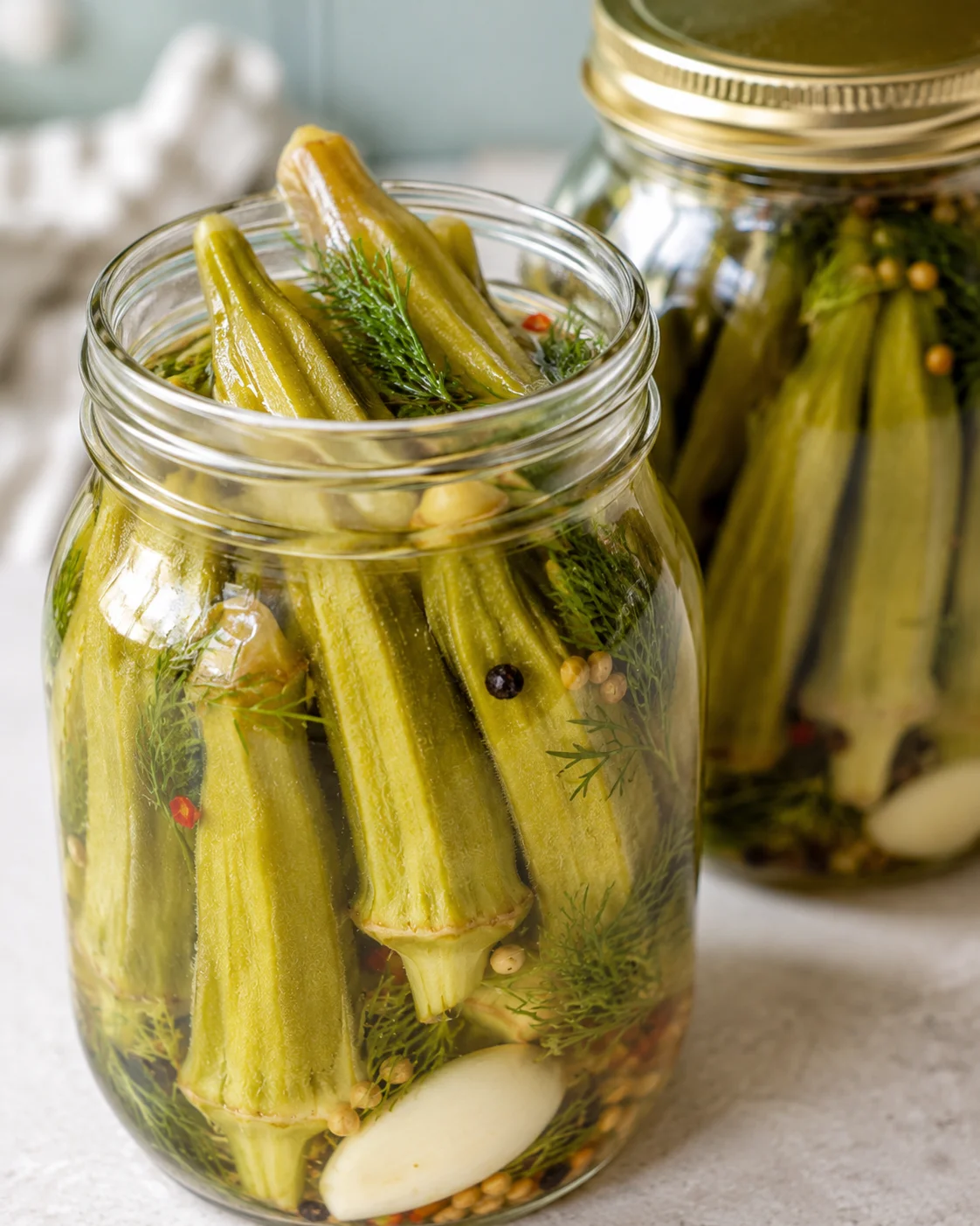 Freshly pickled okra in jars with herbs and spices, ready to enjoy
