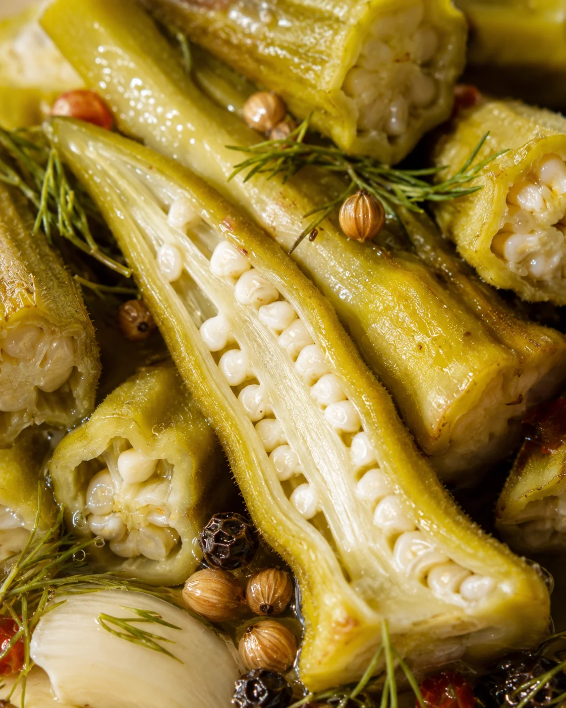Close-up of fresh, sliced okra with herbs and spices for pickling
