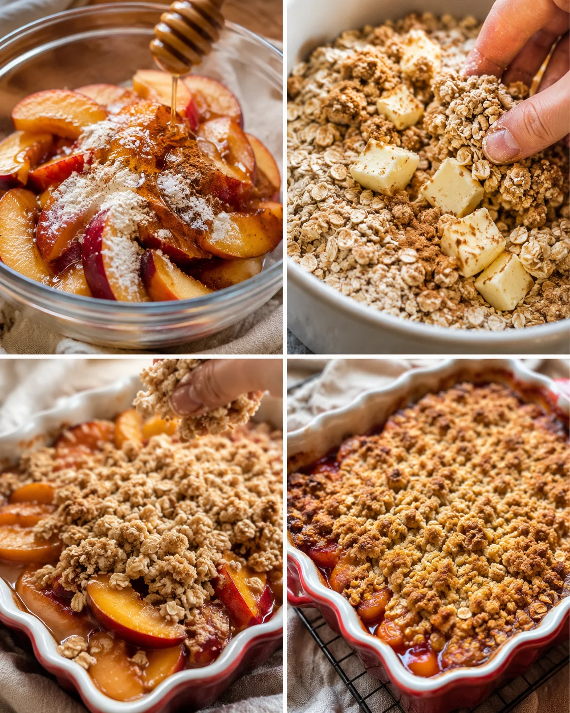 Fresh nectarines topped with oat streusel baking in a rustic dessert dish.