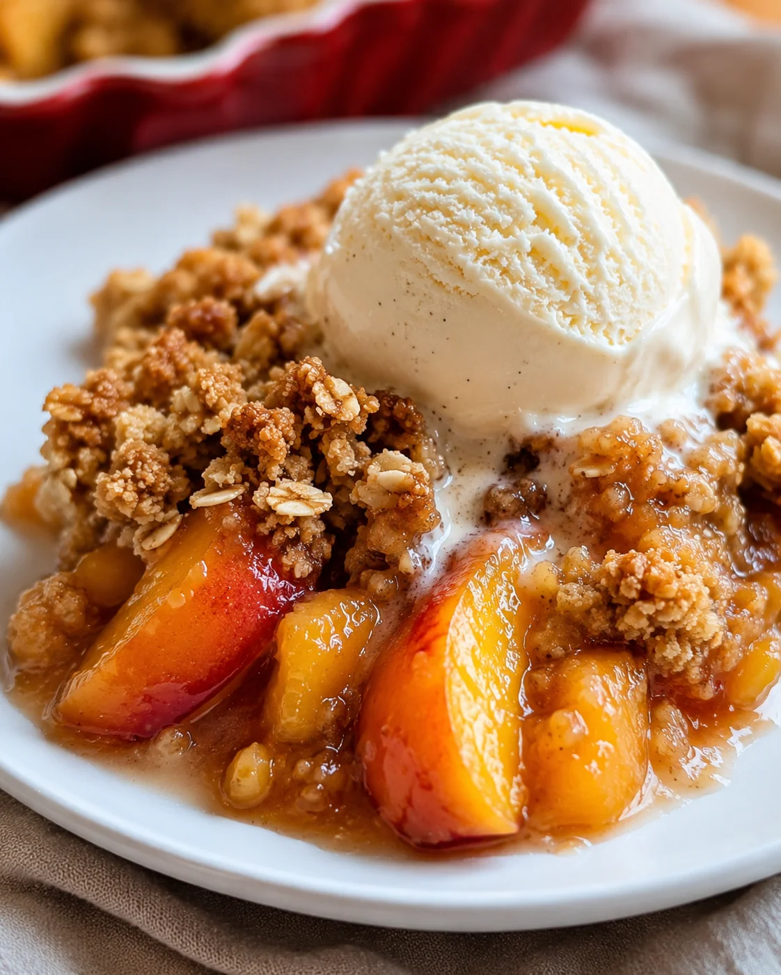 Close-up of warm nectarine crisp topped with a scoop of vanilla ice cream