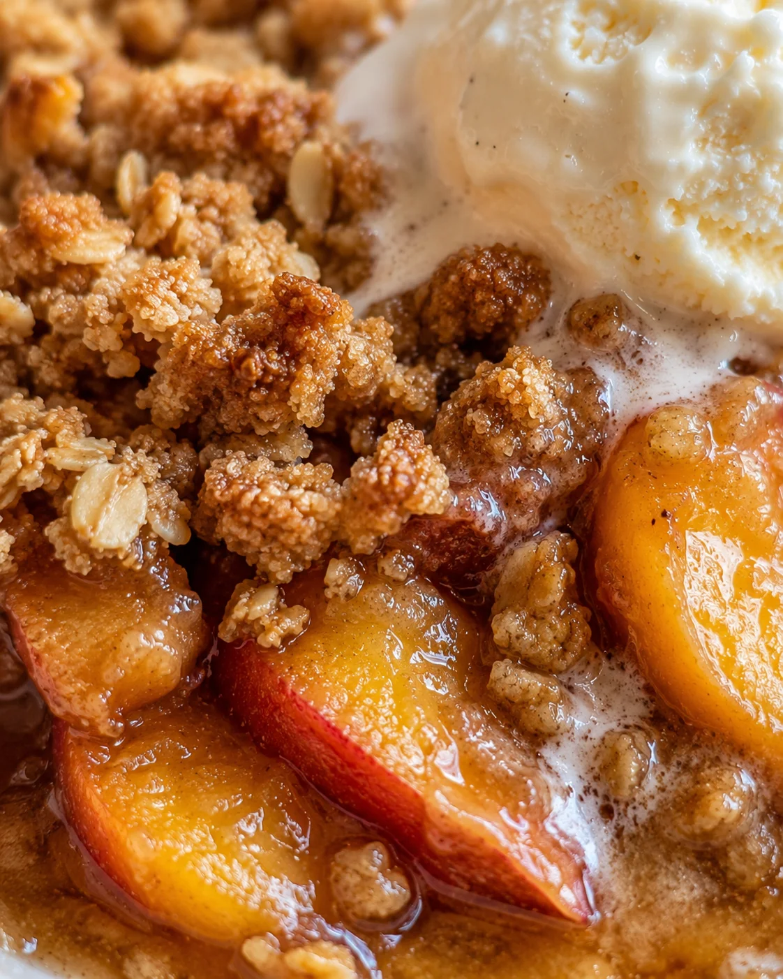 Close-up of warm nectarine crisp topped with buttery oat streusel and vanilla ice cream