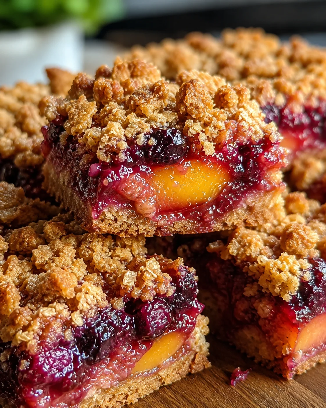 Juicy nectarine and blueberry crumble bars with a golden crumb topping, perfect for summer desserts.