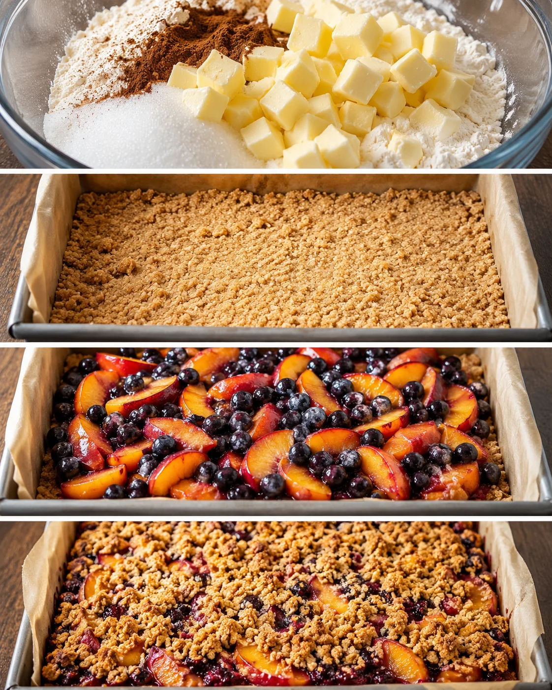 Step-by-step process of making juicy nectarine and blueberry crumble bars.