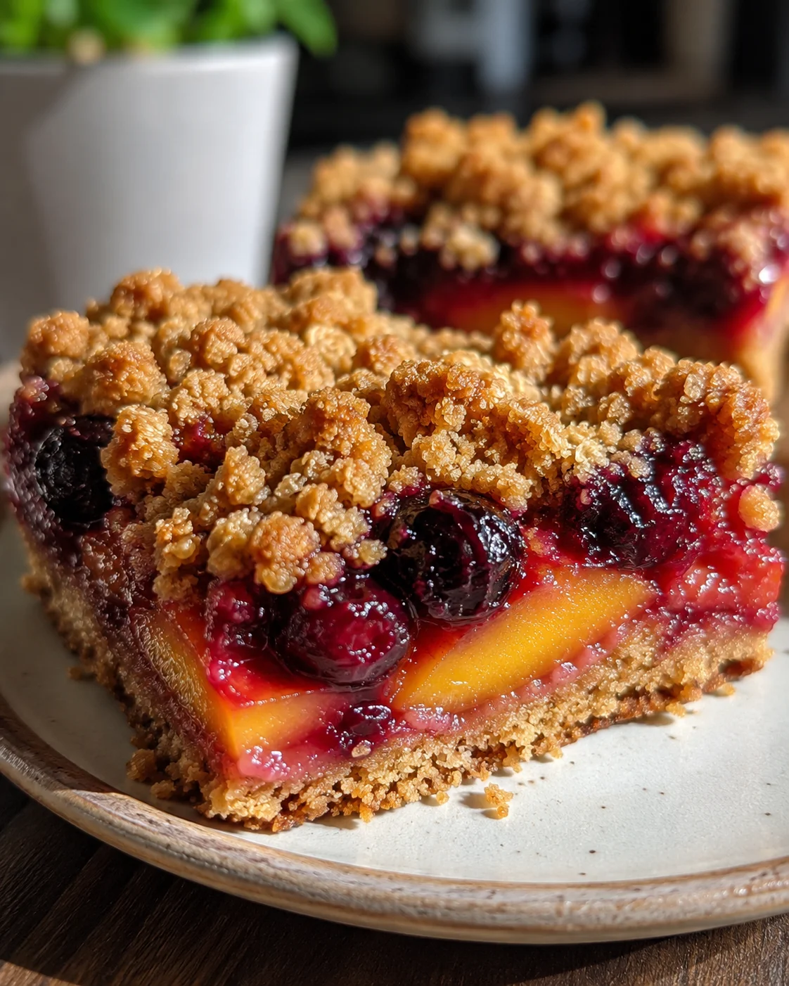 Close-up of juicy nectarine and blueberry crumble bars on a plate.