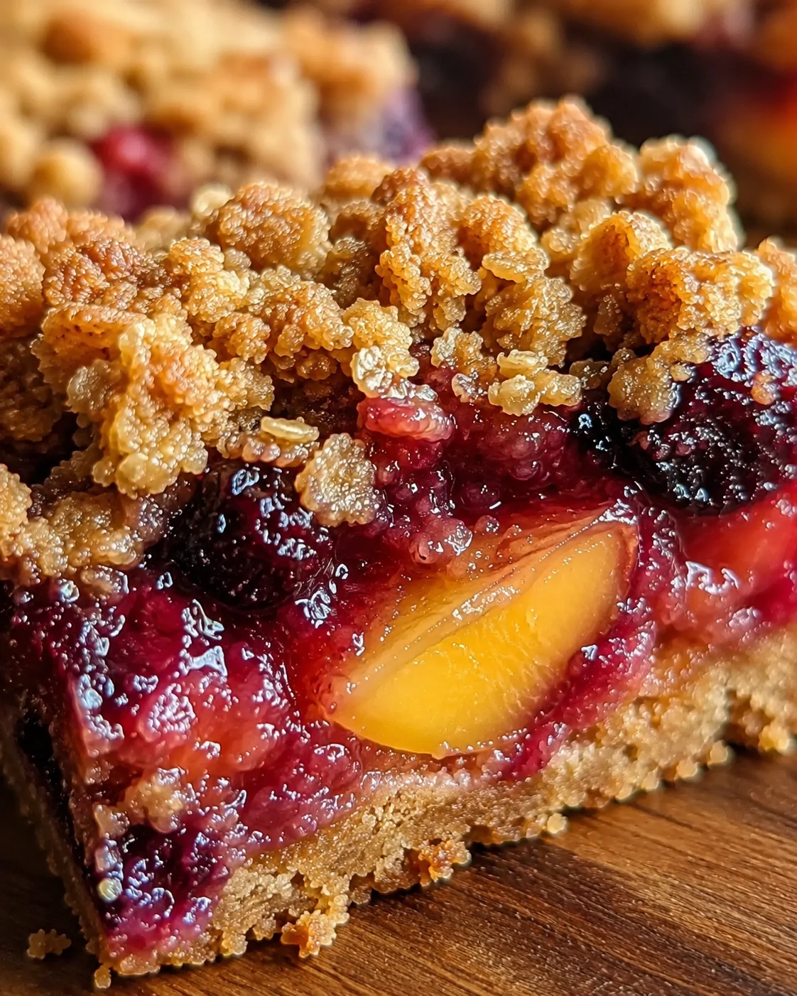 Close-up of juicy nectarine and blueberry crumble bars with a crumbly topping