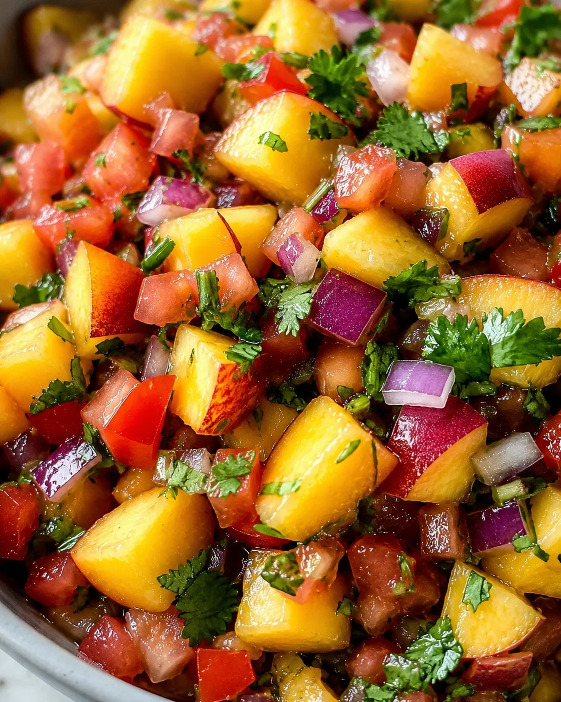 Bright and vibrant nectarine salsa with tomatoes, red onion, cilantro, and chili.