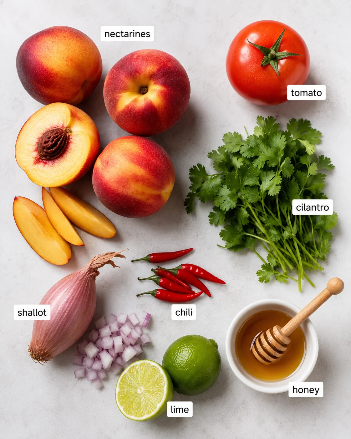 Colorful photo of nectarines, tomato, cilantro, shallot, chili, lime, honey on a white surface.