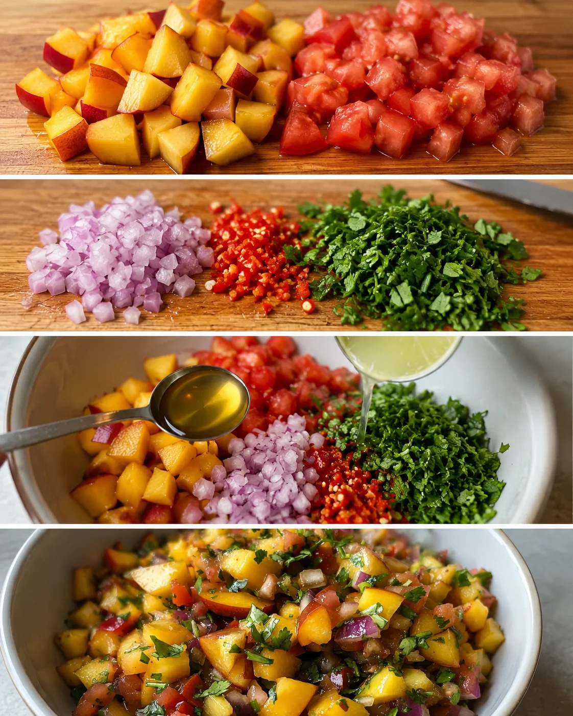 Colorful diced nectarines, tomatoes, onions, cilantro, and chili for salsa