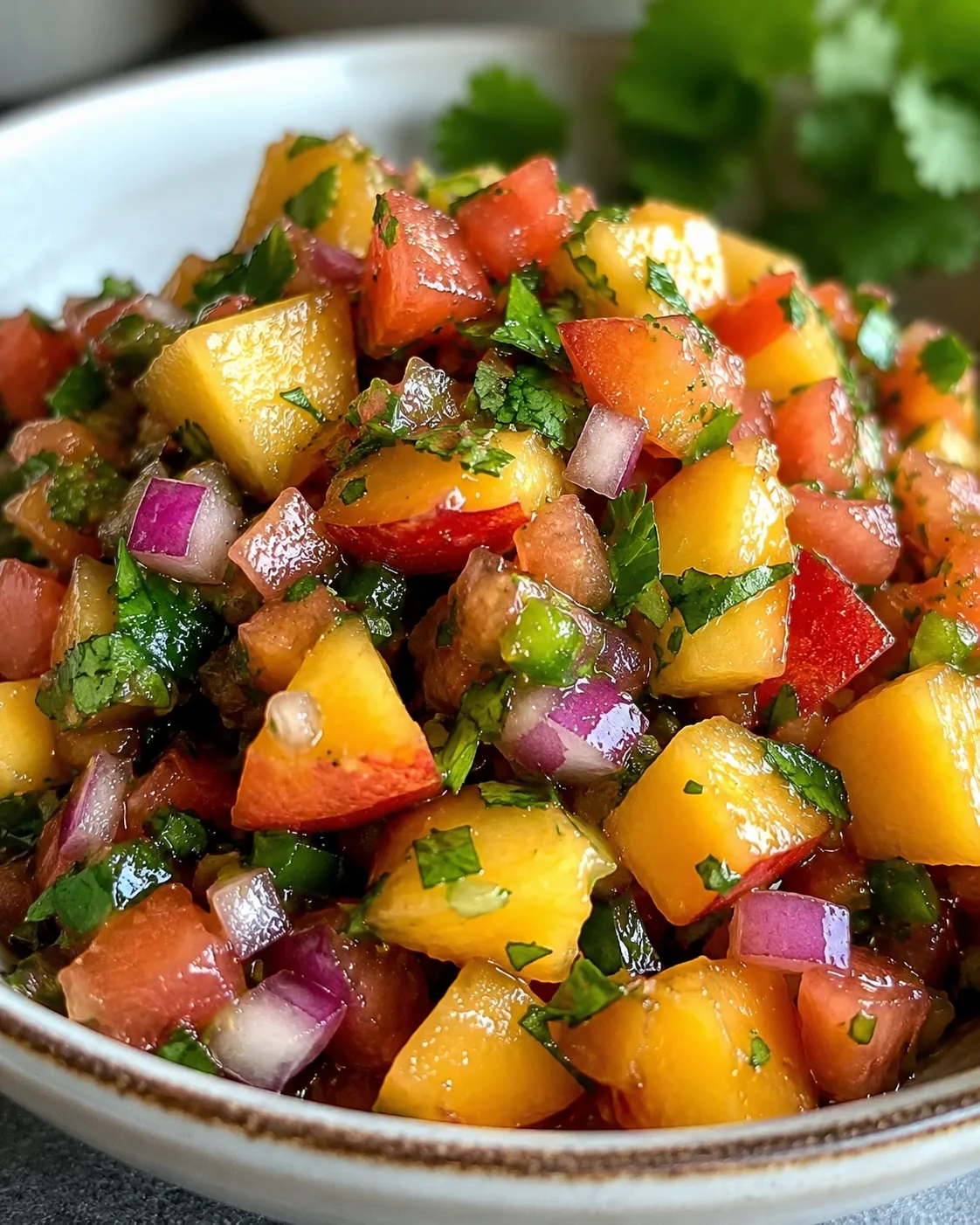 Bright, fresh nectarine salsa with tomatoes, cilantro, and shallots in a bowl.