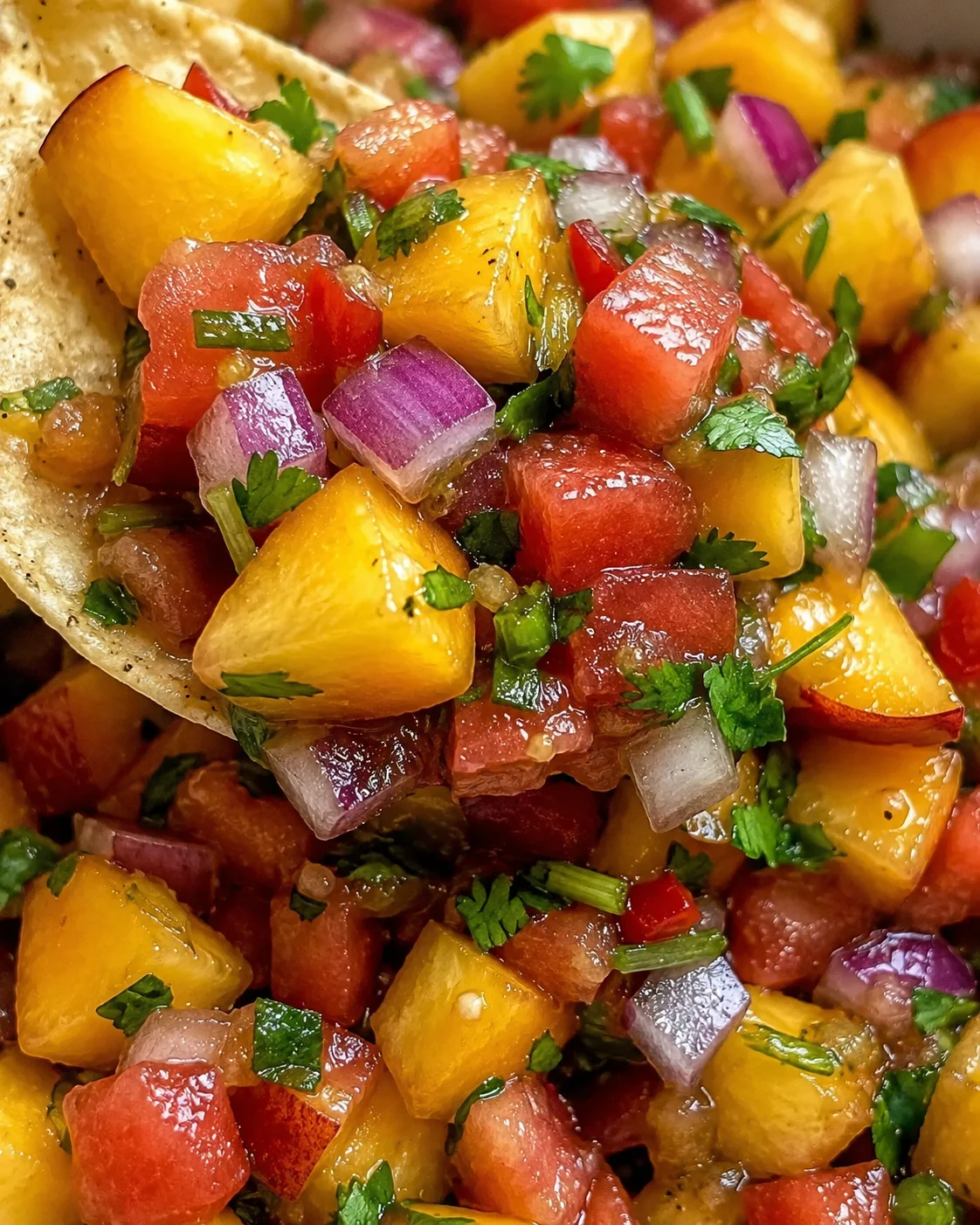 Vibrant nectarine salsa with tomatoes, onions, cilantro, and chili peppers in close-up.