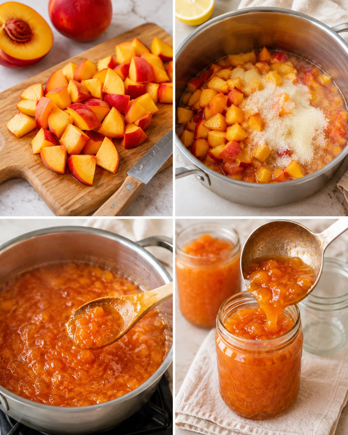 Fresh nectarines being chopped and cooked into bright, golden jam in a saucepan.